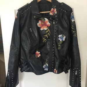 Faux Leather Embroidered Biker Jacket